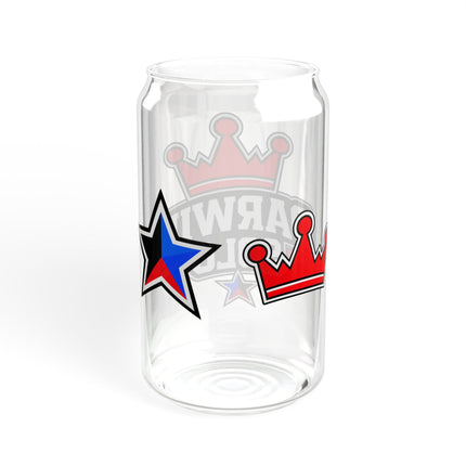 16oz Glass Sipper with Bamboo Lid – Retro Racing Star Stripe Design