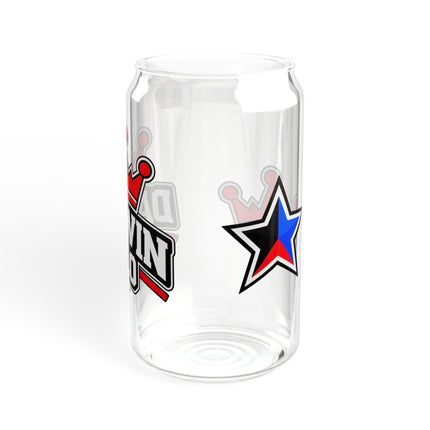 16oz Glass Sipper with Bamboo Lid – Retro Racing Star Stripe Design