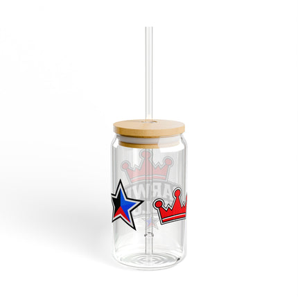 16oz Glass Sipper with Bamboo Lid – Retro Racing Star Stripe Design