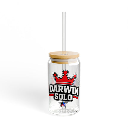 16oz Glass Sipper with Bamboo Lid – Retro Racing Star Stripe Design