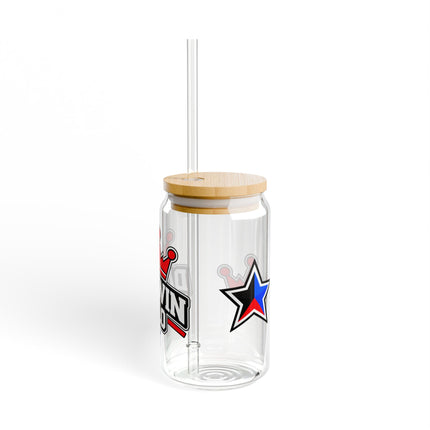 16oz Glass Sipper with Bamboo Lid – Retro Racing Star Stripe Design