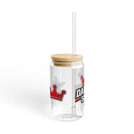 16oz Glass Sipper with Bamboo Lid – Retro Racing Star Stripe Design